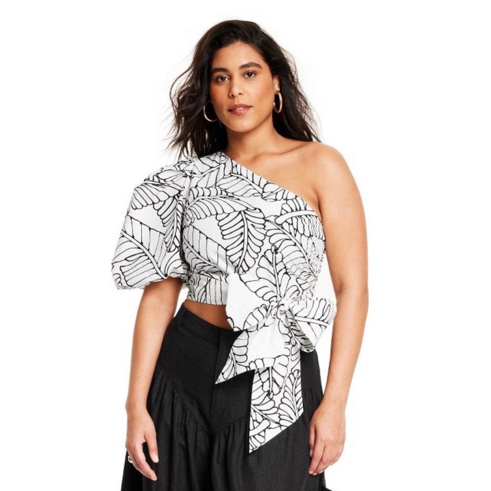 Sketch Palm Leaf Print Wrap Tie One Shoulder Top - Fe Noel × Target Black